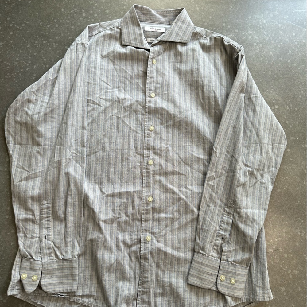 Isaac Mizrahi Men’s Gray Striped Dress Shirt – Button Front Long Sleeve - Picture 3 of 10